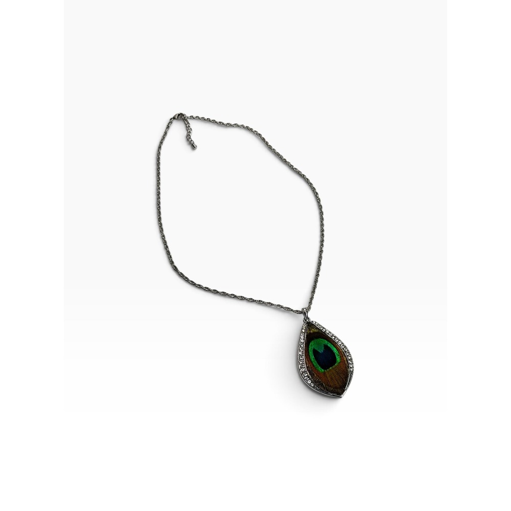 Green Peacock Clear Rhinestone Feather‎ Pendant 24" Necklace Silver Tone Boho